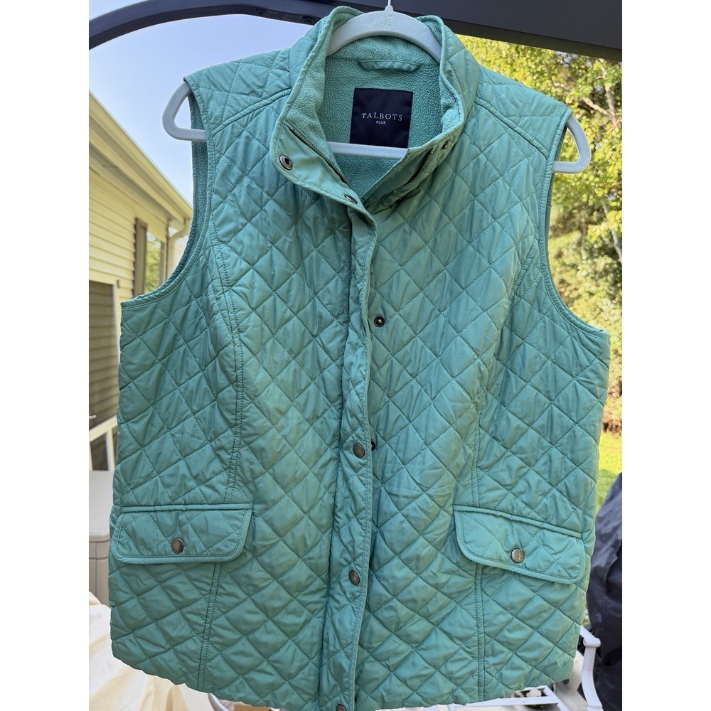 Talbots Plus 1X Womens Green Quilted Vest Fleece Lined Zip Snap Pockets. 5312